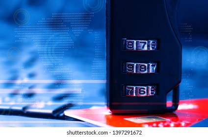 Code numbers on combination pad lock on computer. Security, encrypting, banking global concept