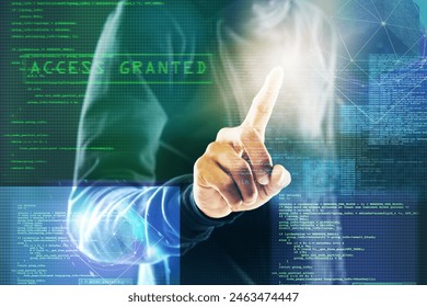 Code overlay, hacker and fingerprint of person for programming, coding and information technology in dark. Cybersecurity, computer interface and graphic for online crime, finance fraud and virus