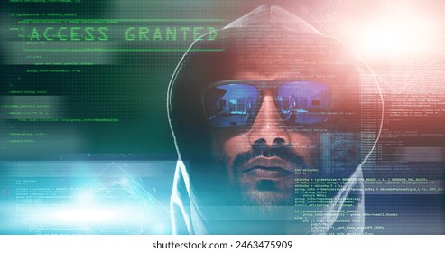 Code overlay, hacker and portrait of man for programming, coding and information technology in dark. Cybersecurity, computer interface and person with mockup for online crime, fraud and install virus - Powered by Shutterstock - Get 15% off with code: PIKWIZARD15