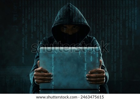Code overlay, laptop and portrait of hacker for programming, coding and information technology in dark. Cybersecurity, user interface and person with computer for online crime, fraud and virus