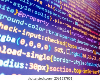Code of the protein sequence. Blue software developer. Closeup tablet screen technology background. Php web programming source code. Computer source code in blue. Digital world. Coding concept.