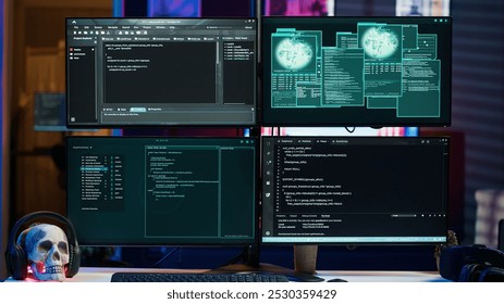 Code running on monitors in empty apartment used by hacker stealing state secrets from another countries. Malicious scripts on PC screens used by spy infiltrating governments