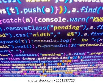 The code is seen from top to bottom and its part of an library. Source function code. Web programming with compressed css code. Software development monitor screen background. Code on monitor.