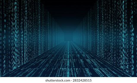 Code simulation corridor futuristic binary data network with artificial, cyber, software programming and digital cyberspace
