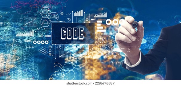 Code theme with businessman in a bokeh neon light trails city night background