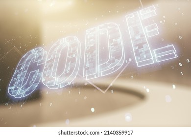 Code word hologram on empty corporate office background, artificial intelligence and neural networks concept. Multiexposure
