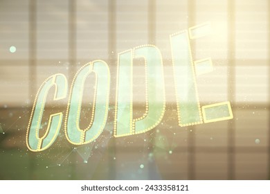 Code word hologram on empty corporate office background, artificial intelligence and neural networks concept. Multiexposure
