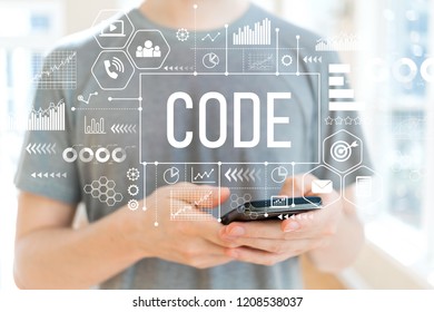 Code with young man using a smartphone