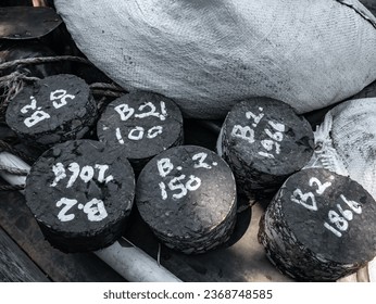 coded asphalt samples resulting from core drilling