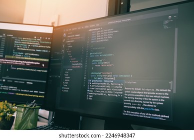 Coder programmers working in office, Programmer analyst writing code - coding program on screen computer for learning and developing programs digital coding scripts java language