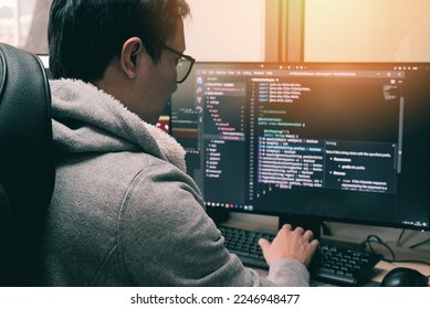 Coder programmers working in office, Programmer analyst writing code - Coder working from home with work on screen computer for learning and developing programs digital coding scripts java language