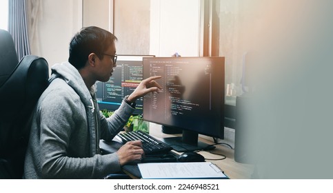 Coder programmers working in office, Programmer analyst writing code - Coder working from home with work on screen computer for learning and developing programs digital coding scripts java language - Shutterstock ID 2246948521