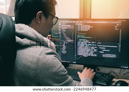 Coder programmers working in office, Programmer analyst writing code - Coder working from home with work on screen computer for learning and developing programs digital coding scripts java language