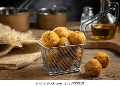 Codfish dumplings. fried dumpling, cod dumpling, fish meat, bacalao bunuelos.