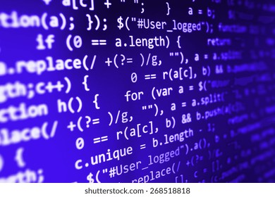 Coding application by programmer developer. Web app coding. Script on computer with source code. Programming code abstract background screen of software. Violet purple color. 