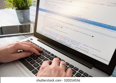 coding code program programming developer compute web development coder work design software closeup desk write workstation key password theft hacking firewall concept - stock image
