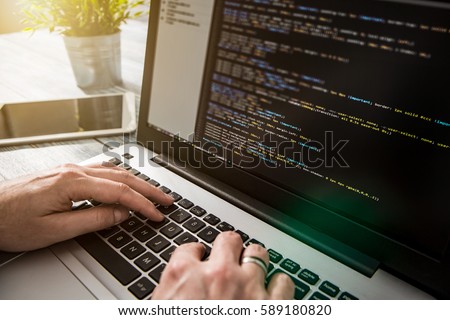 coding code program programming developer compute web development coder work design software closeup desk write workstation key password theft hacking firewall concept - stock image
