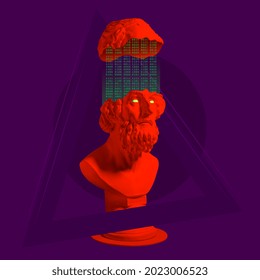Coding, computational process. Image of red ancient greek statue with binary code on dark purple background. Concept of IT technologies, programming, transmission of information.