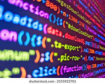 Coding concept. Closeup view of binary computer code with green 1s and 0s displayed on a blue screen with focus blur effect. Computer code background. Genome sequencing. Blue monitor and window.