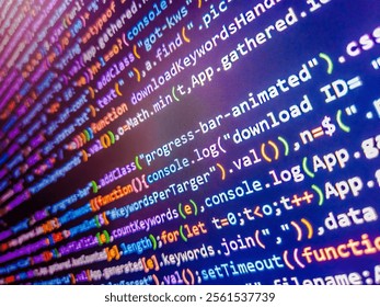 Coding concept. Developer work. Software developer coding screen. Abstract modern virtual computer script. Can be used as background and banner. Encrypted data. Php web programming source code.