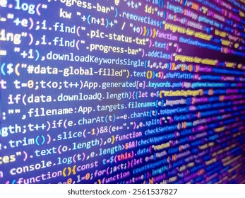 Coding concept. Web dewelopment. Binary code. Data encryption security code on a computer display. Abstract seamless zigzag pattern with waves in white, green, blue, lilac tones. Blue color.