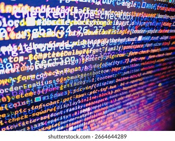 Coding css on mornitor at the office - for background or montage product. Abstract background of computer source code. Shallow depth of field, selective focus effect