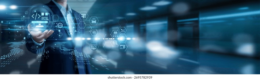 Coding, design and deployment process. Developer hold web development framework responsive website interface application backend optimization creative digital experience structure innovation.