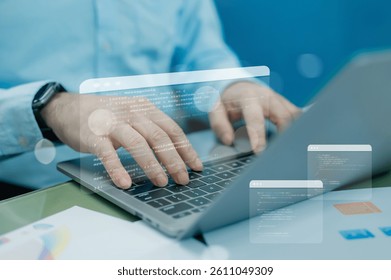 Coding Genius Developer Immersed In Digital Technology, Crafting With Python And Git In Creative Environment On An Open Screen, Building Software Server Solutions With Code Overlay