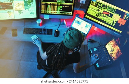 Coding hacker, woman programmer and computer work for cybersecurity, programming and big data. Hack above, dashboard and technology of a female working on futuristic, iot and software database