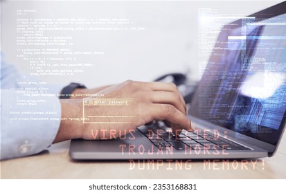 Coding, laptop with virus and hands, cybersecurity and programmer typing, person and software update. Malware safety, information technology and code with upgrade, ransomware and programming overlay