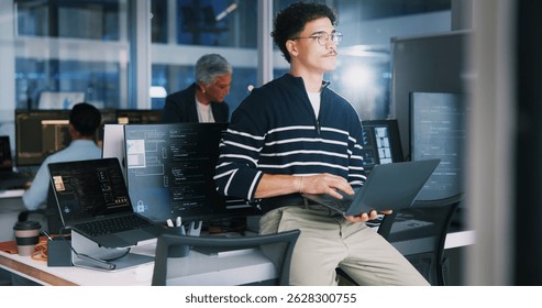 Coding, man and thinking with laptop in office for debugging solution, software update or app development deadline. Night, coder or technology for website troubleshooting, problem solving or overtime