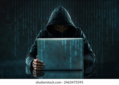Coding, overlay and hacker on laptop in dark for programming, malware and information technology. Cybersecurity, user interface and person with computer for online crime, fraud and website virus