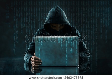 Coding, overlay and hacker on laptop in dark for programming, malware and information technology. Cybersecurity, user interface and person with computer for online crime, fraud and website virus