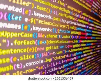 Coding programmer abstract background. Monitor closeup of function source code. Multiple exposure red binary code lines. Sale  tagcloud. Abstract background of digital binary code of software.