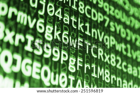 Coding programming source code screen. Colorful abstract data display. Software developer web program script. Green background color, white text chars and digits. 