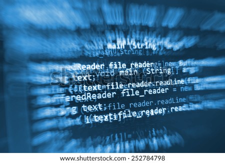 Coding programming source code screen. Colorful abstract data display. Software developer web program script. Blue background color, white text chars and digits. 