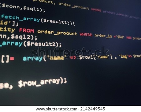 Coding programming source PHP code screen. Abstract technology background. Cyber attack or security concept. Hacker monitor program. Software development