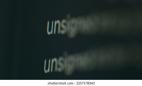 Coding script on terminal window with web text and cloud computing, showing database developing on screen. Programming code with IT language and creating artificial intelligence. Close up.