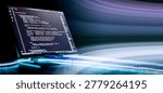 Coding script text on screen. Notebook closeup photo. Running Computer data programming.
