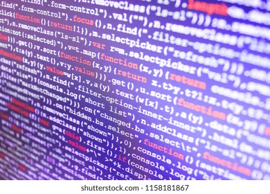 Coding script text on screen. Software development. Future techn