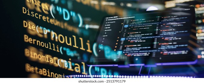 Coding script text on screen. Notebook closeup photo.