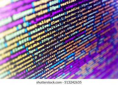 Coding script text on screen. Writing programming code on laptop. Monitor closeup of function source code. WWW software development. Computer science lesson. Web site codes on computer monitor. 
