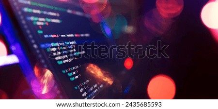 Coding script text on screen. Notebook closeup photo.