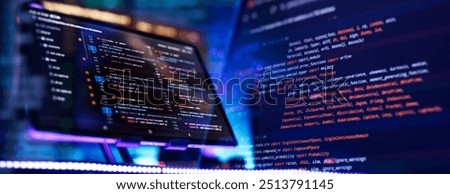 Coding script text on screen. Notebook closeup photo.