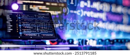 Coding script text on screen. Notebook closeup photo.