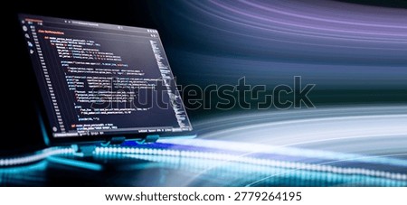 Coding script text on screen. Notebook closeup photo. Running Computer data programming.