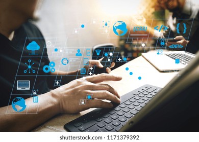 Coding software developer work with AR new design dashboard computer icons of scrum agile development and code fork and versioning with responsive cybersecurity.Coworking process, entrepreneur team.