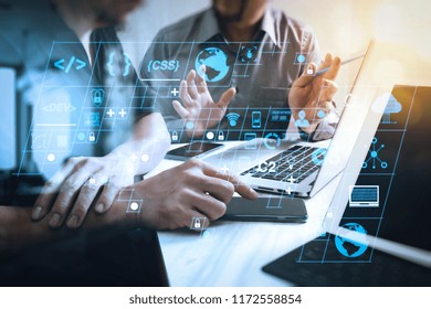 Coding Software Developer Work With AR New Design Dashboard Computer Icons Of Scrum Agile Development And Code Fork And Versioning With Responsive Cybersecurity.Business Team Meeting.