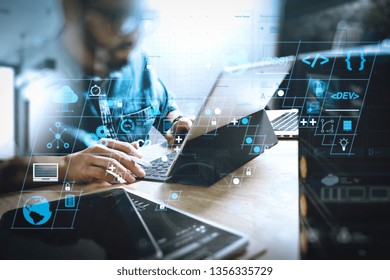 Coding software developer work with AR new design dashboard computer icons of scrum agile development and code fork and versioning with responsive cybersecurity.Co working process, team working. - Powered by Shutterstock