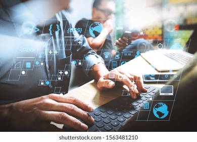 Coding software developer work with AR new design dashboard computer icons of scrum agile development and code fork and versioning with responsive cybersecurity.Coworking process, entrepreneur team.